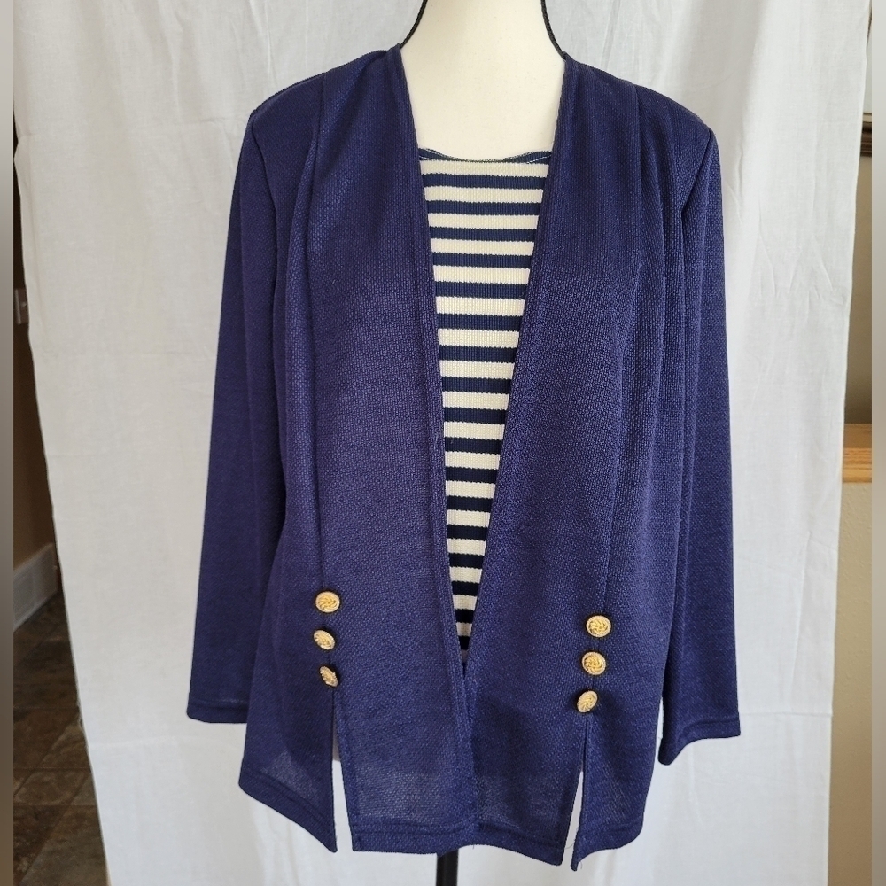 Vany Misses Petite VTG navyblue/ivory striped blazer/blouse w/shoulder pads 6